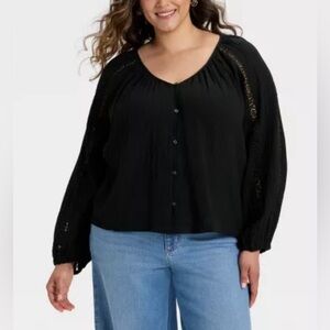 Women's Black Balloon Long Sleeve Lace Blouse Large